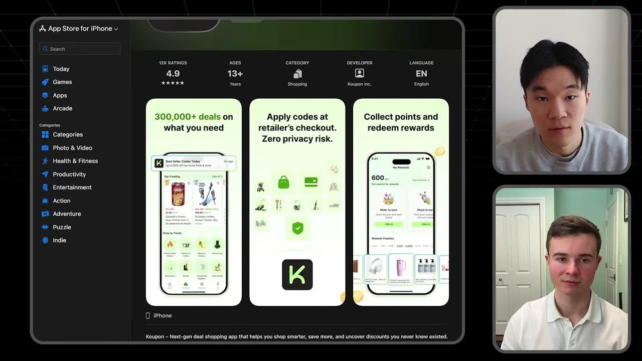 Koupon's App Store page: 4.9 stars from 12K ratings, Shopping category, no in-app purchases discussed.