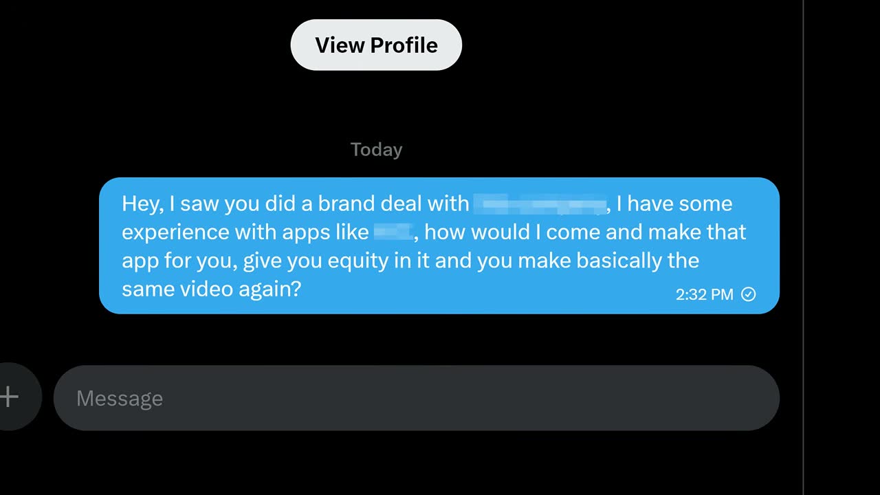Sample DM pitch: offer to build an app from a creator's brand deal, giving them equity.