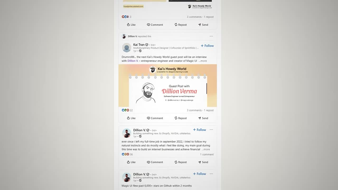 Dillion Verma's LinkedIn posts: Magic UI passed 6,000+ GitHub stars, and he left his job in September 2022.