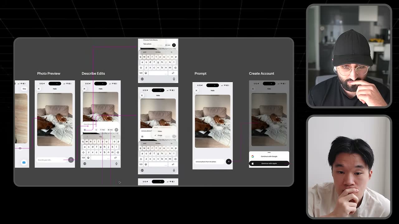 Halo AI flow: photo preview, describe edits, prompt, then create-account sign-in before the paywall.
