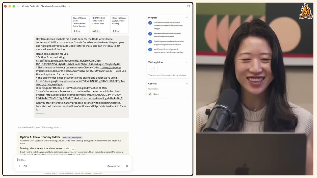 Cowork prompt asking Claude to draft Code with Claude slide outlines from linked Drive docs and Slack.