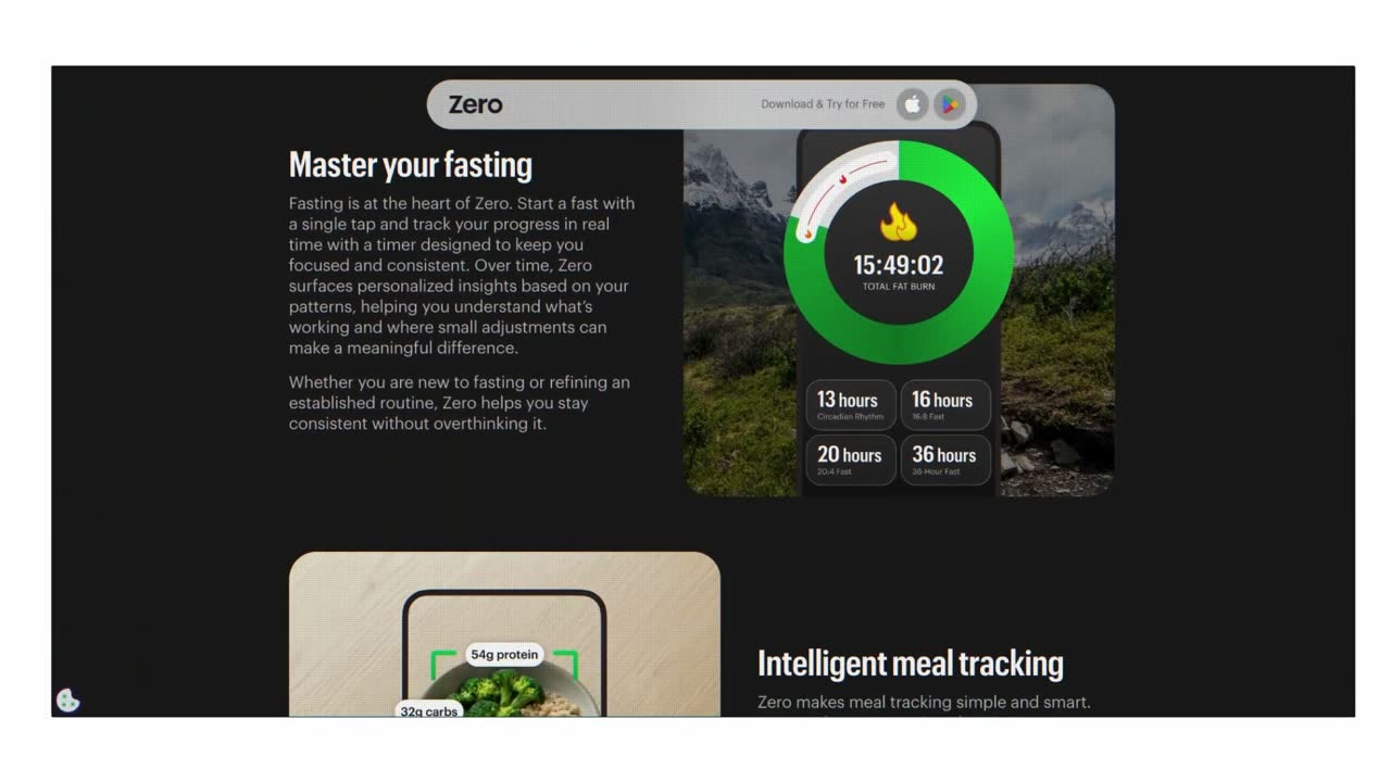 Zero's website shows its fasting timer at 15:49:02 with 13, 16, 20 and 36-hour fast presets.