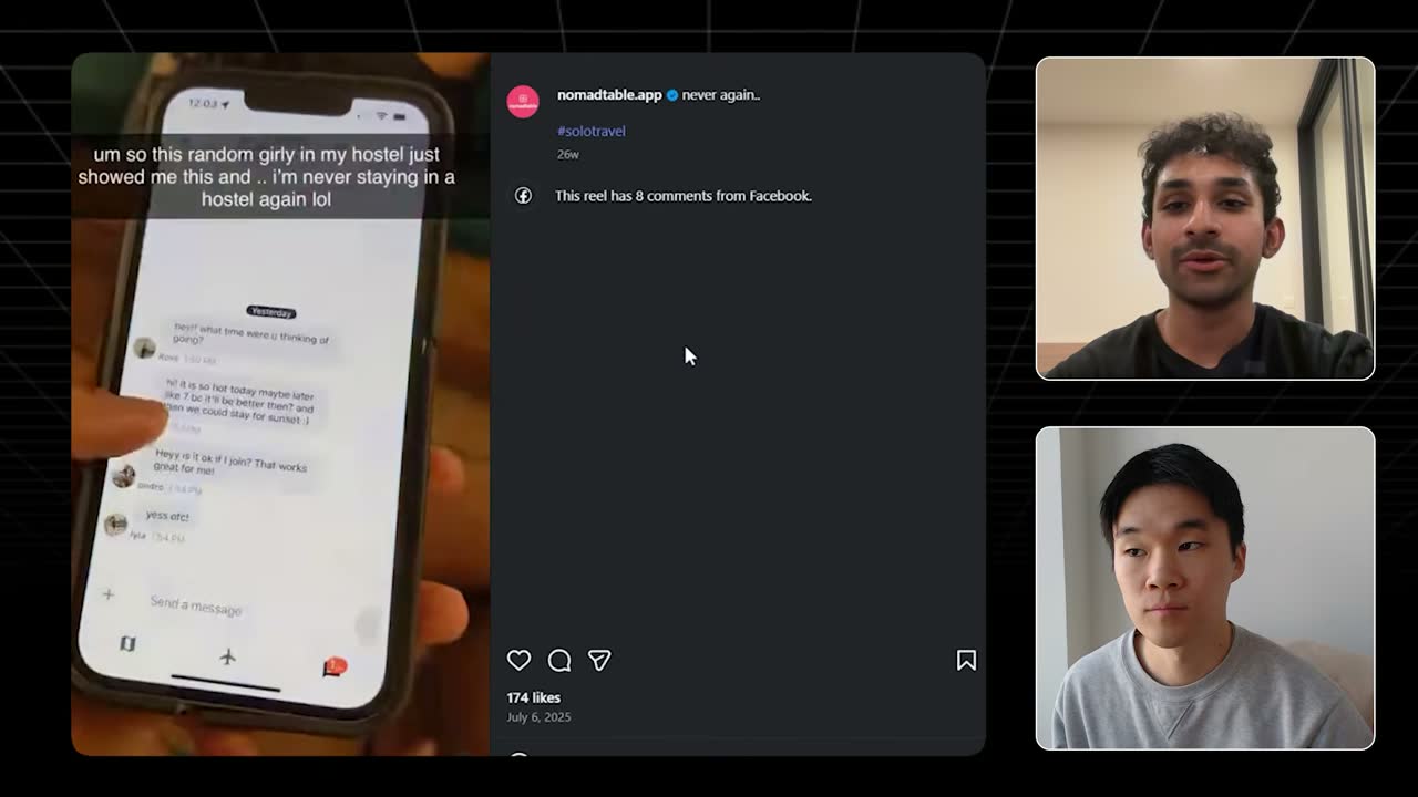 Nomad Table's clickbait hostel reel drew about 300k views but only 174 likes, showing weak engagement.