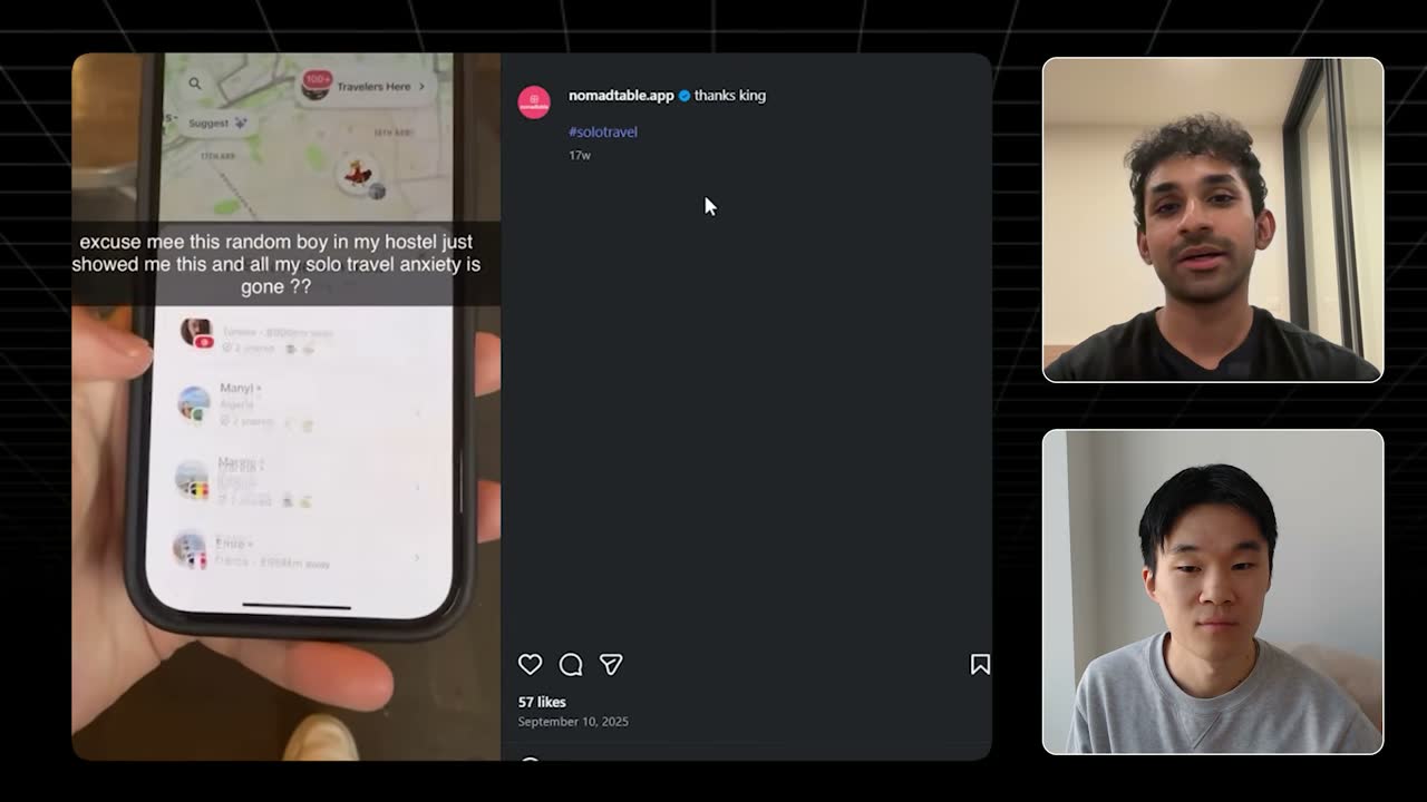 Nomad Table Instagram post: hook text over an app demo showing nearby travelers, 57 likes.