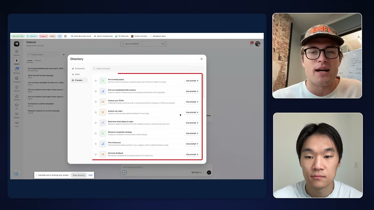 Sideshift's Sidekick prompt directory, with prompts like Find trending topics, Analyze your TikTok, and Research competitor strategy.