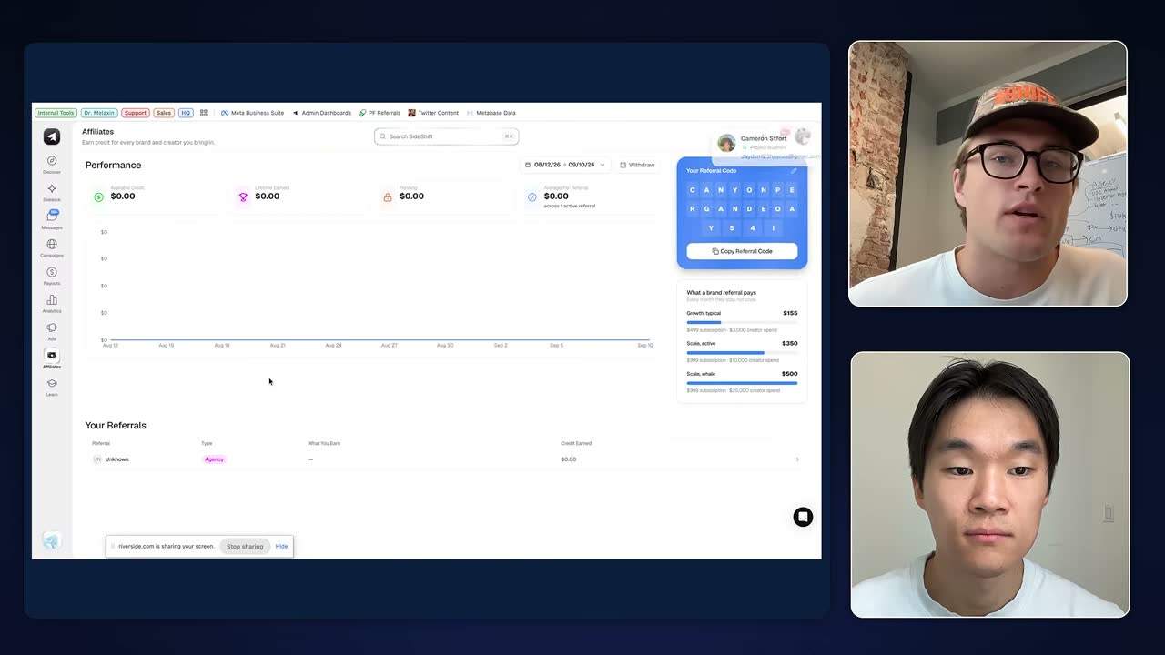 Sideshift's revamped Affiliates page, showing referral earnings and brand referral payouts of $155–$500.