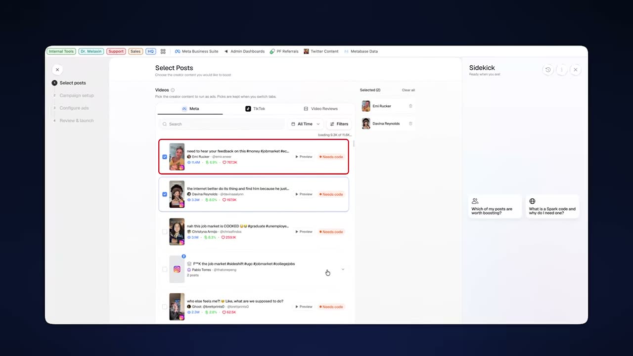 Sideshift's Select Posts screen, picking Emi Rucker's 11.4M-view video to boost as an ad.