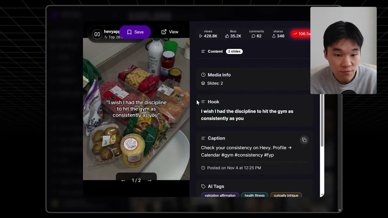 Spy Talk shows a Hevy app TikTok slideshow: 428.8K views, 106.5x outlier, gym-discipline hook.