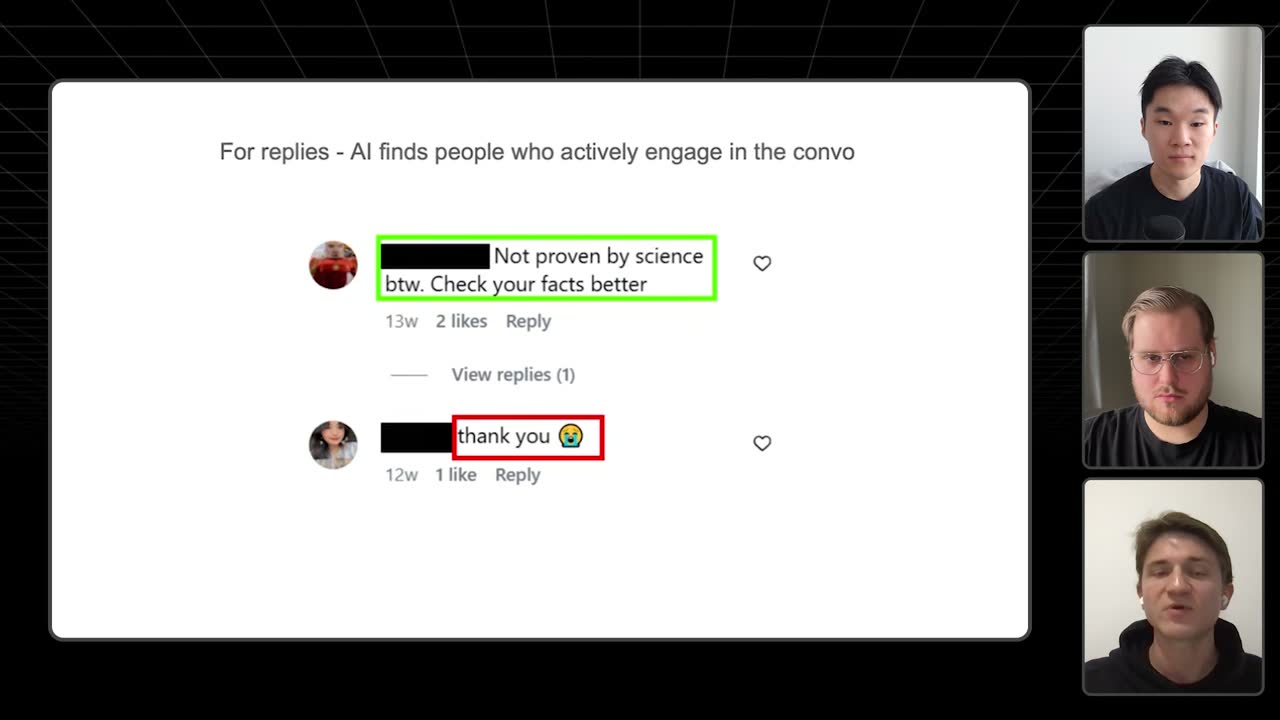 Slide: AI replies only to engaged commenters (green "Not proven by science"), skipping plain "thank you" (red).