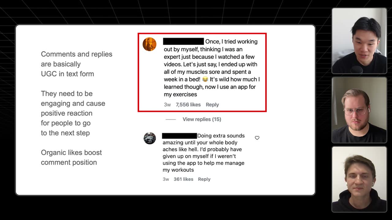 Example seeded comment with a soft app CTA earned 7,556 likes and 15 replies.