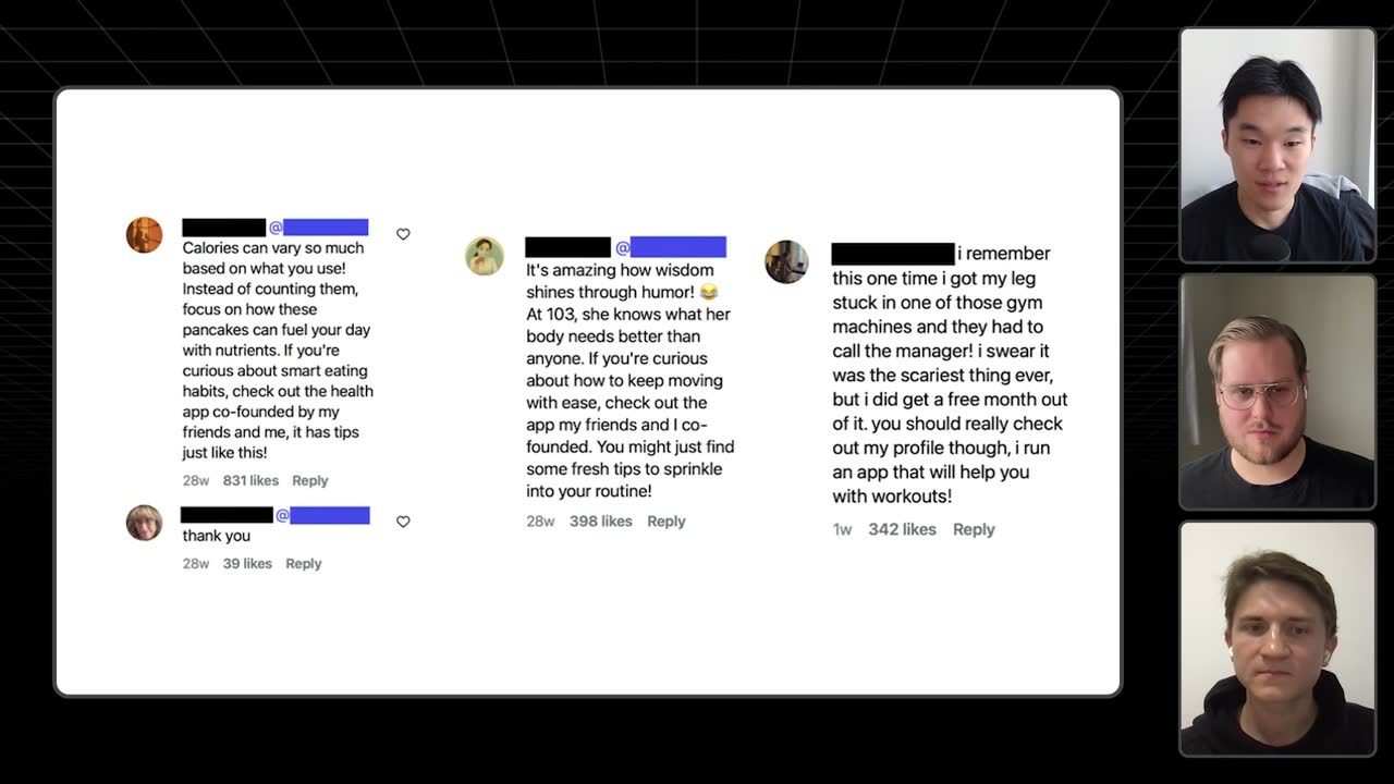 Three example promotional comments subtly plugging health and workout apps, the top one earning 831 likes.