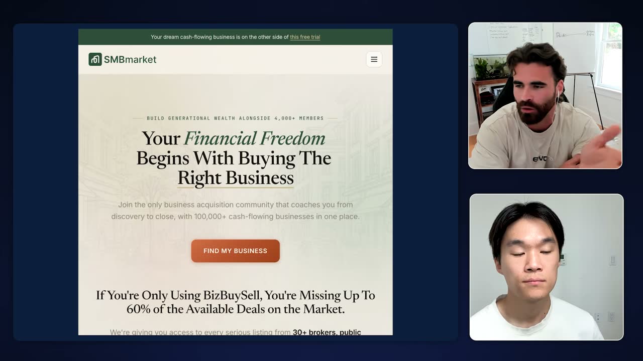 SMBmarket's landing page pitching business acquisition, claiming 4,000+ members and 100,000+ cash-flowing listings.