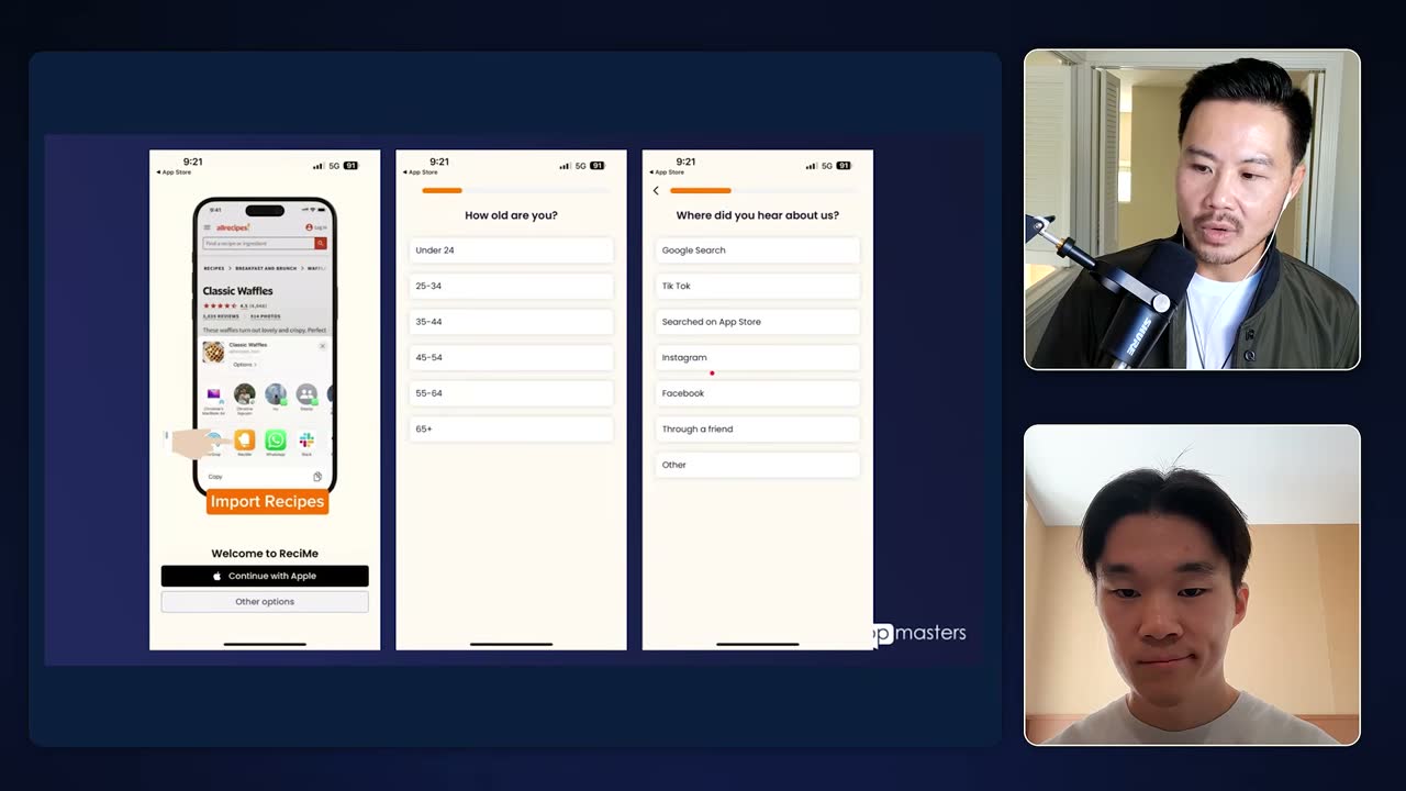 ReciMe onboarding screens asking age and "Where did you hear about us?" to route users to different paywalls.