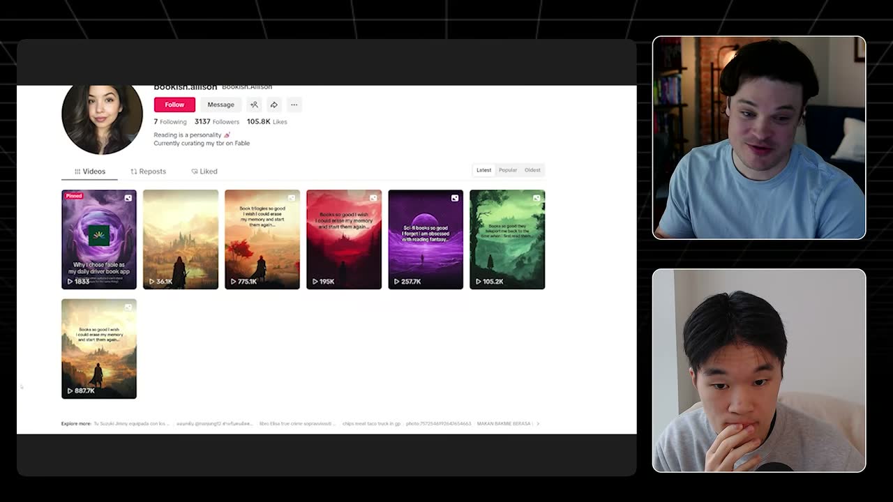 Nick's TikTok account bookish.allison, where early book slideshows hit 887.7K, 775.1K and 257.7K views.