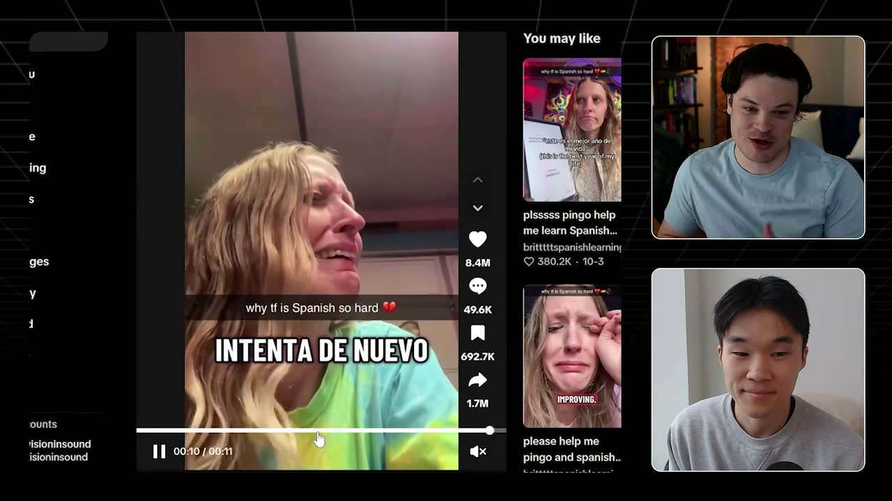 Viral 'why tf is Spanish so hard' TikTok crying-to-the-app format with 8.4M likes and 1.7M shares.
