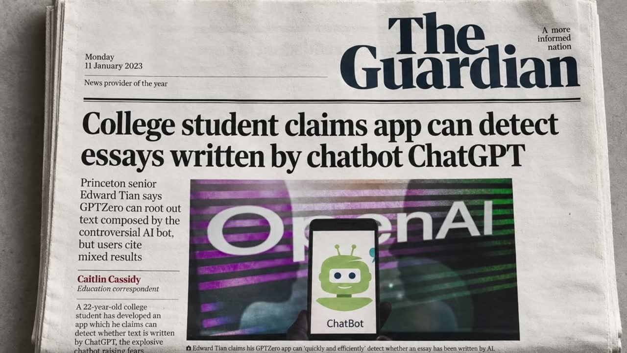 Guardian front page, 11 January 2023: Princeton senior Edward Tian's GPTZero claims to detect ChatGPT essays.