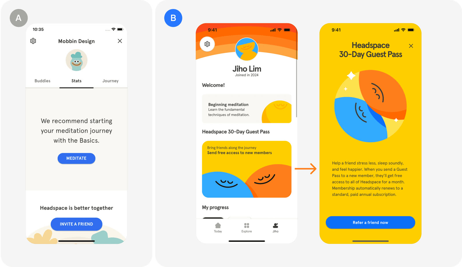 Version A and version B as Headspace tested them.