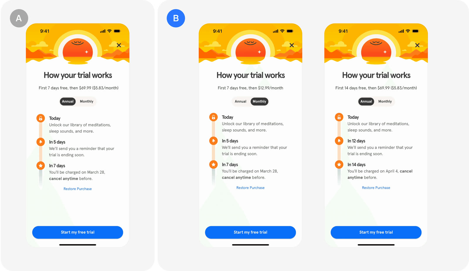 Version A and version B as Headspace tested them.