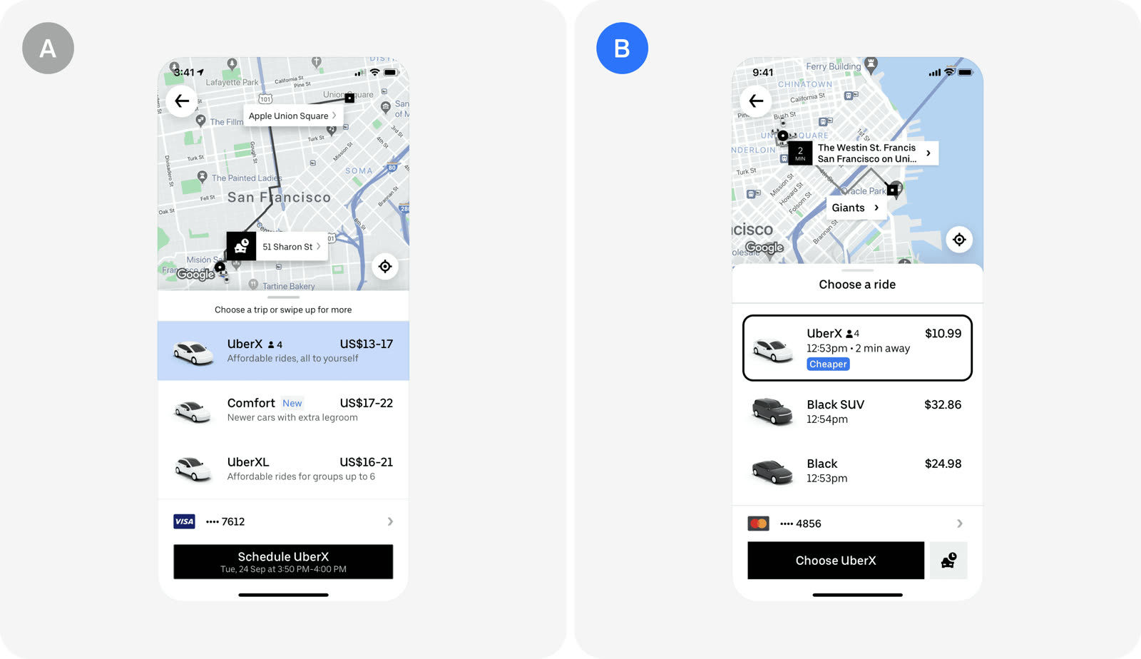 Version A and version B as Uber tested them.