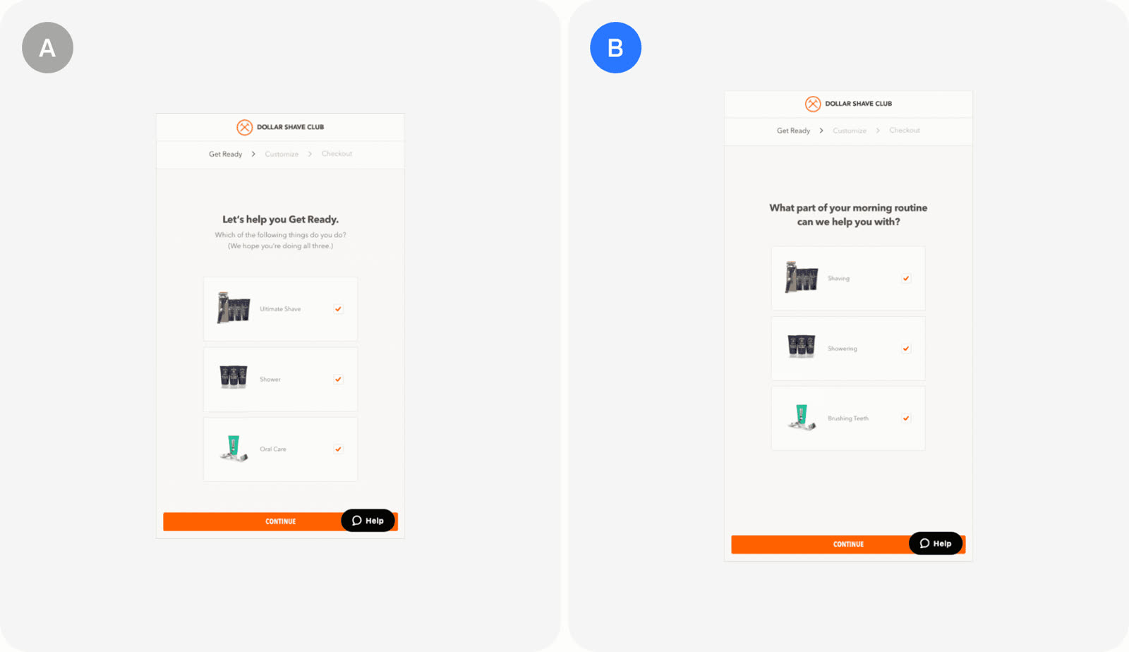Version A and version B as Dollar Shave Club tested them.