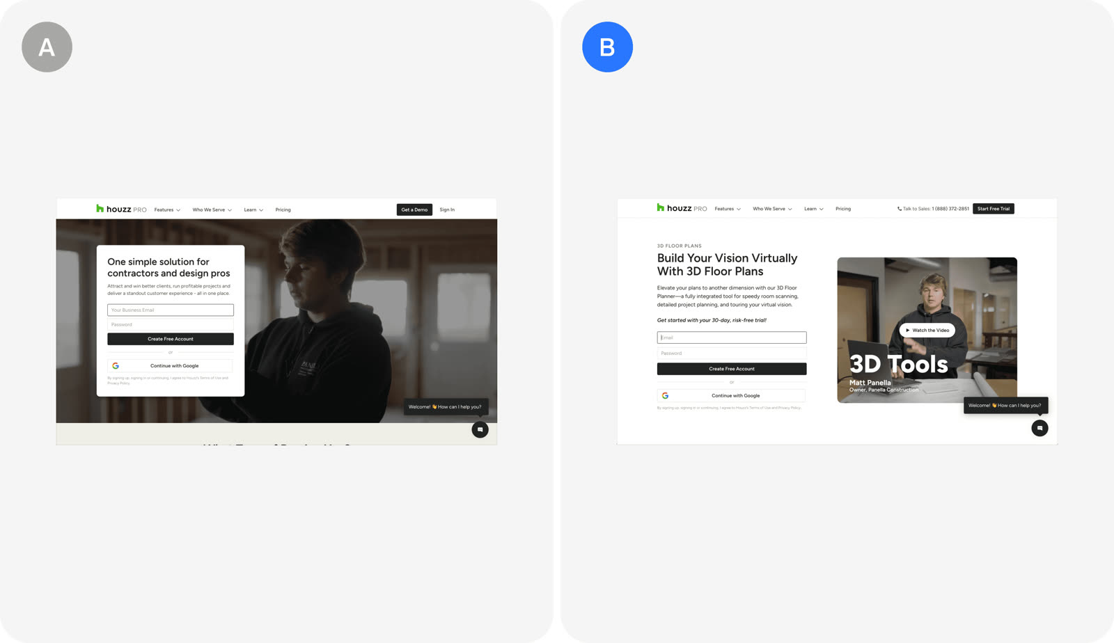 Version A and version B as Houzz tested them.