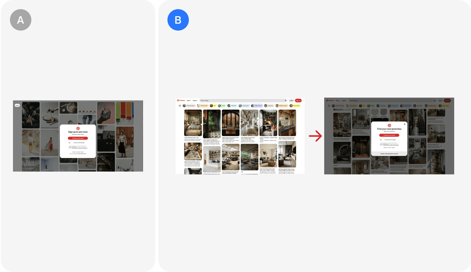 Version A and version B as Pinterest tested them.