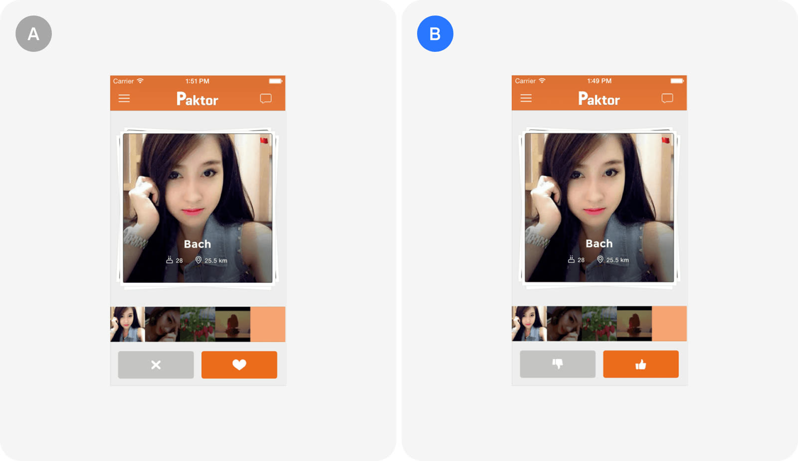 Version A and version B as Paktor tested them.