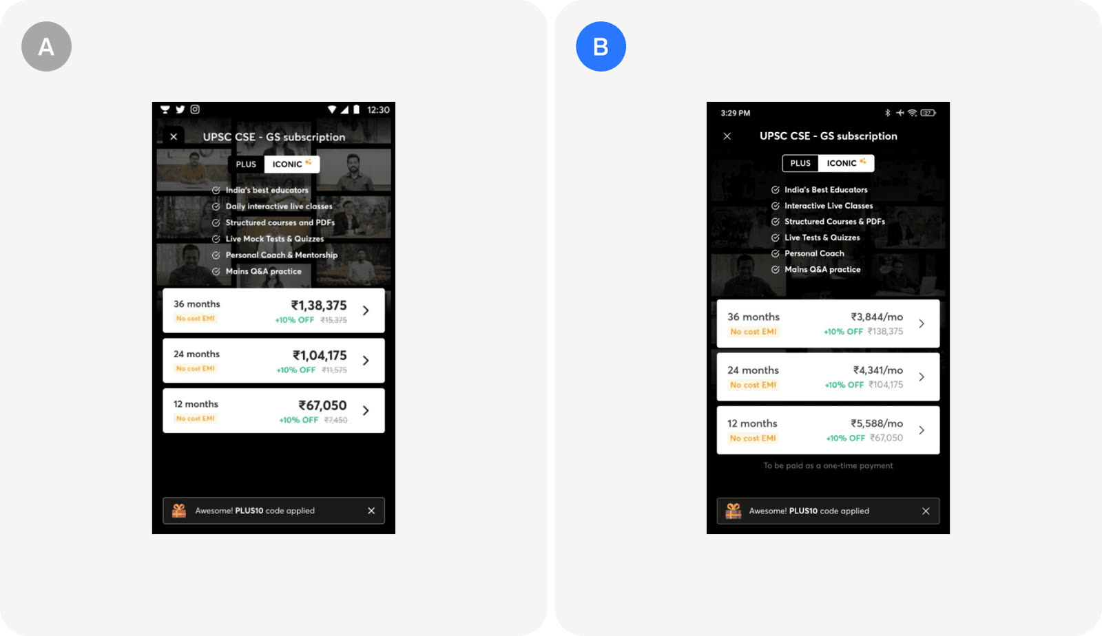 Version A and version B as Unacademy tested them.