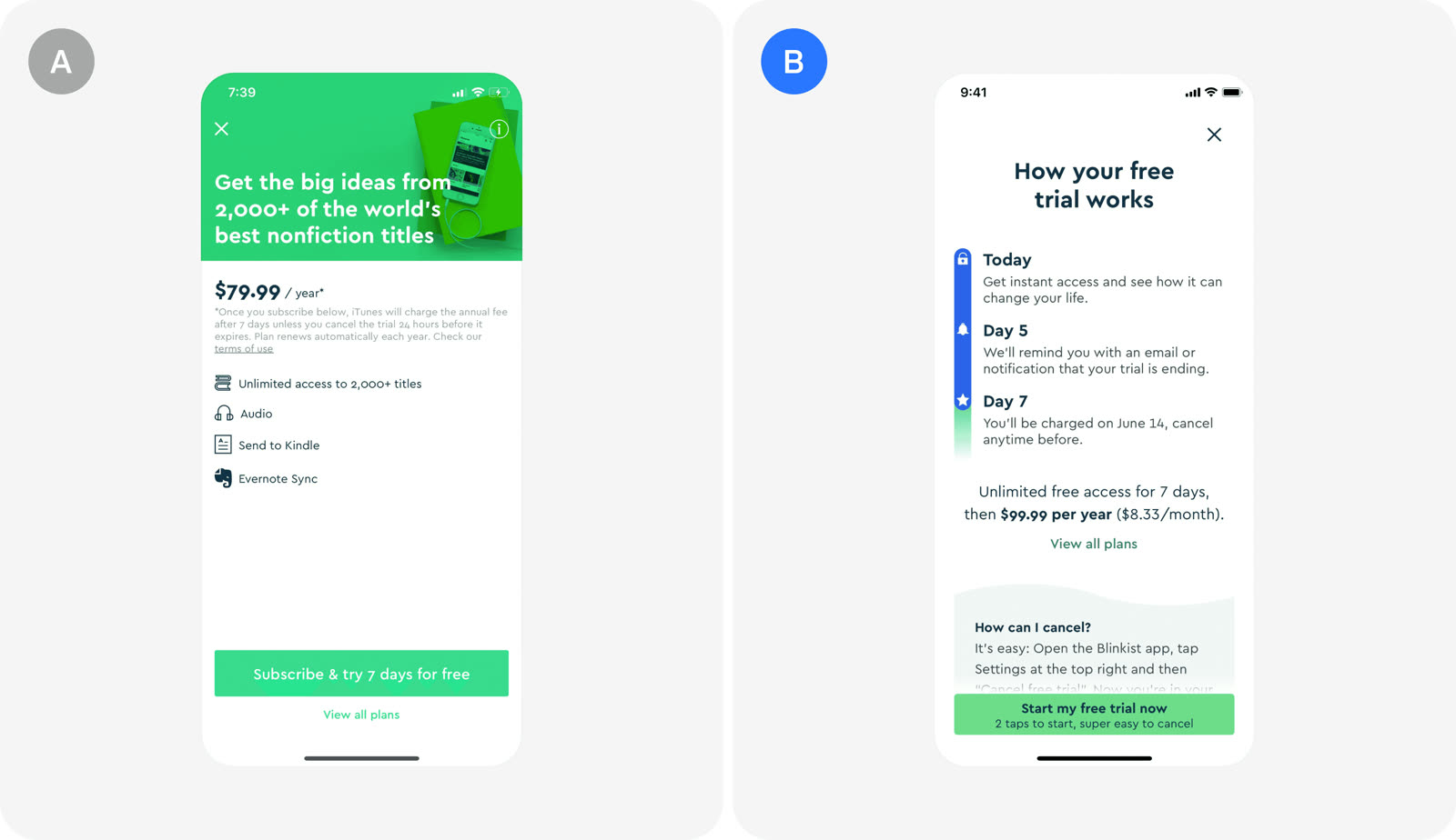 Version A and version B as Blinkist tested them.