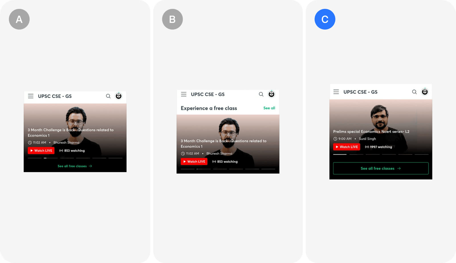 Version A and version B as Unacademy tested them.