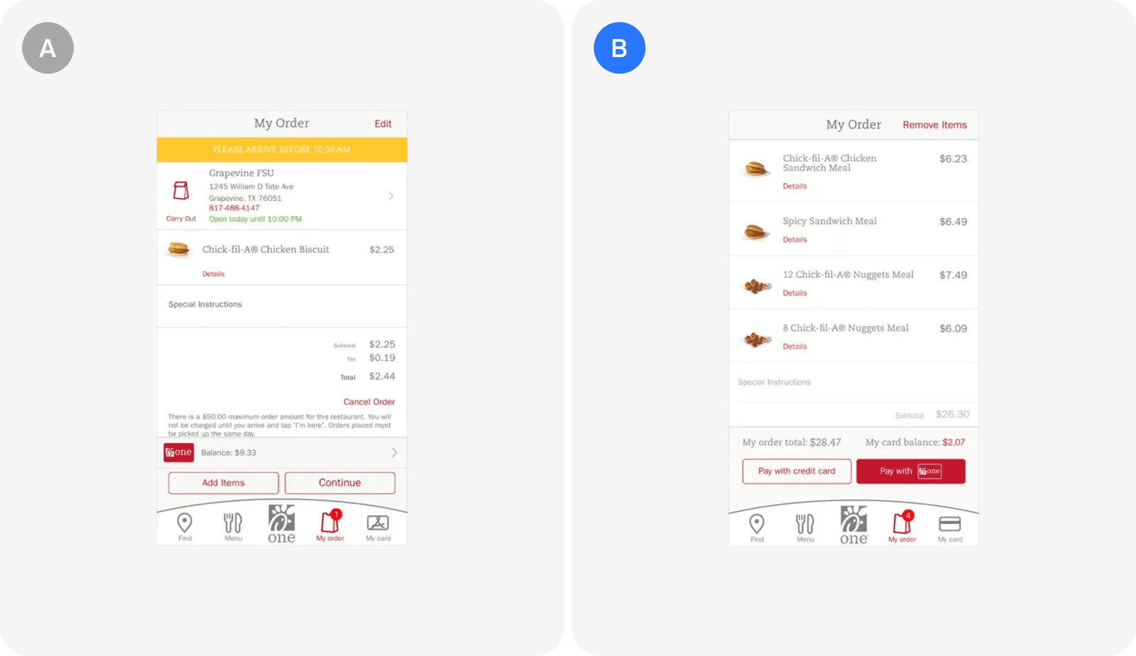 Version A and version B as Chick-fil-A tested them.