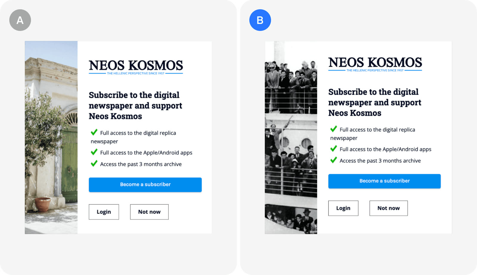 Version A and version B as Neos Kosmos tested them.