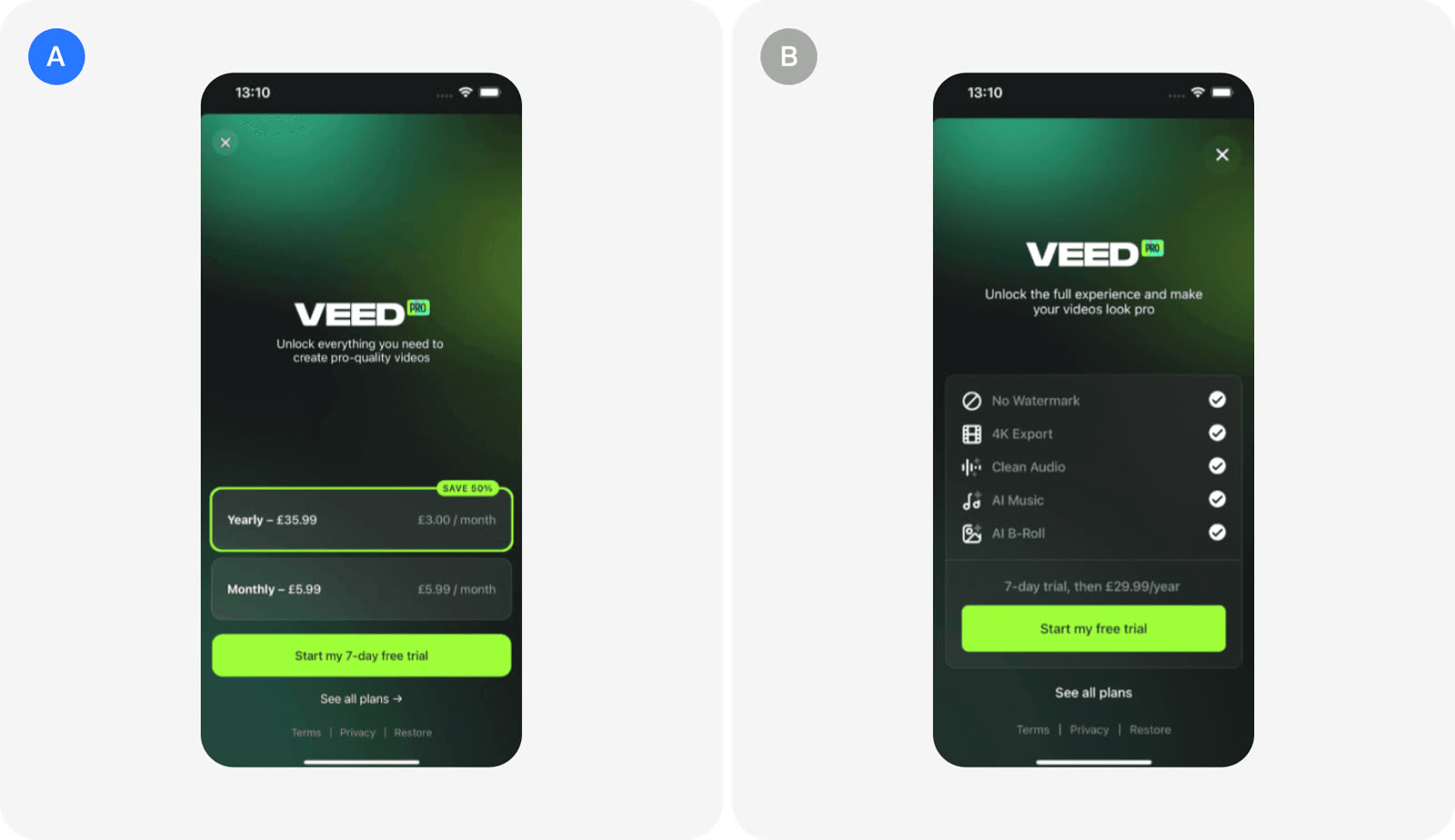 Version A and version B as VEED tested them.