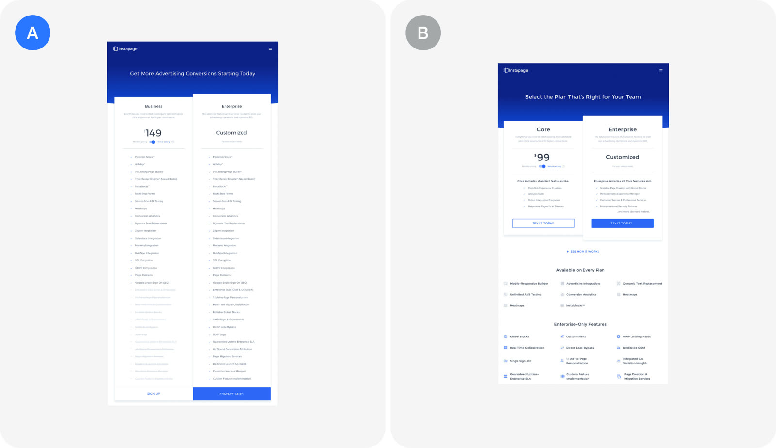 Version A and version B as Instapage tested them.