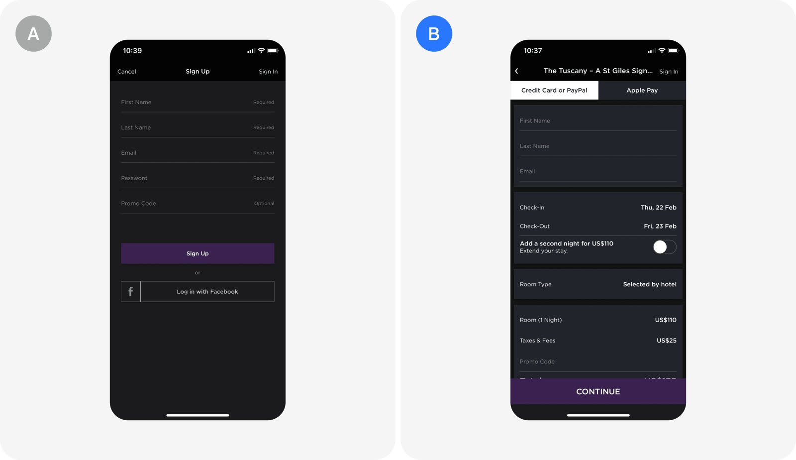 Version A and version B as HotelTonight tested them.