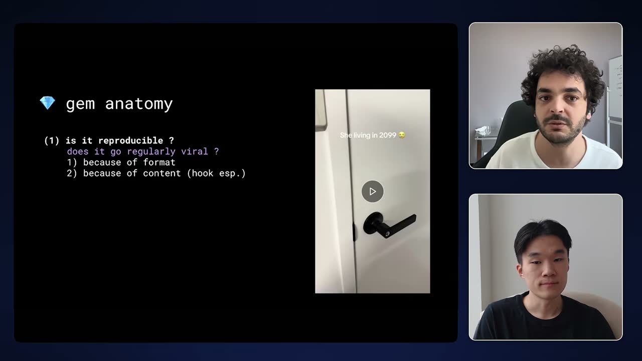 "Gem anatomy" slide: a format must be reproducible, going viral regularly through format and hook.