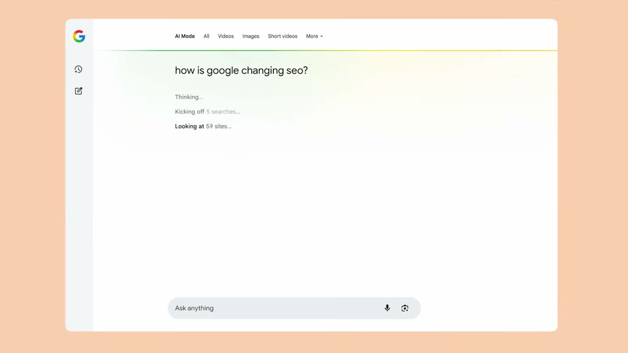 Google's AI Mode answering "how is google changing seo?", kicking off 5 searches across 59 sites.