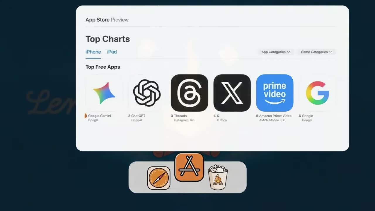 App Store top free iPhone apps: Google Gemini at number one, ahead of ChatGPT, Threads and X.