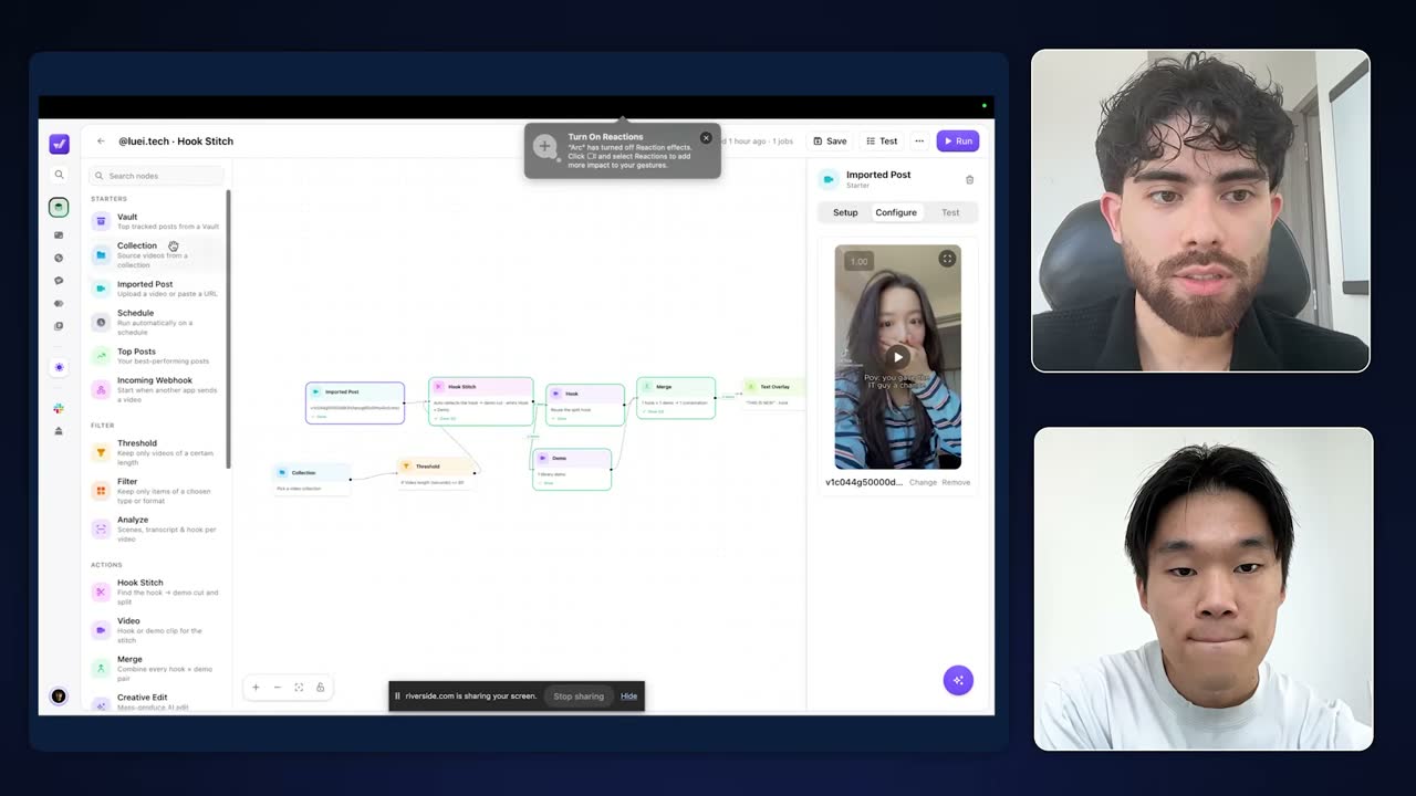 Echo's node editor showing a Hook Stitch workflow: Imported Post and Collection feeding Threshold, Hook, Demo, Merge and Text Overlay nodes.