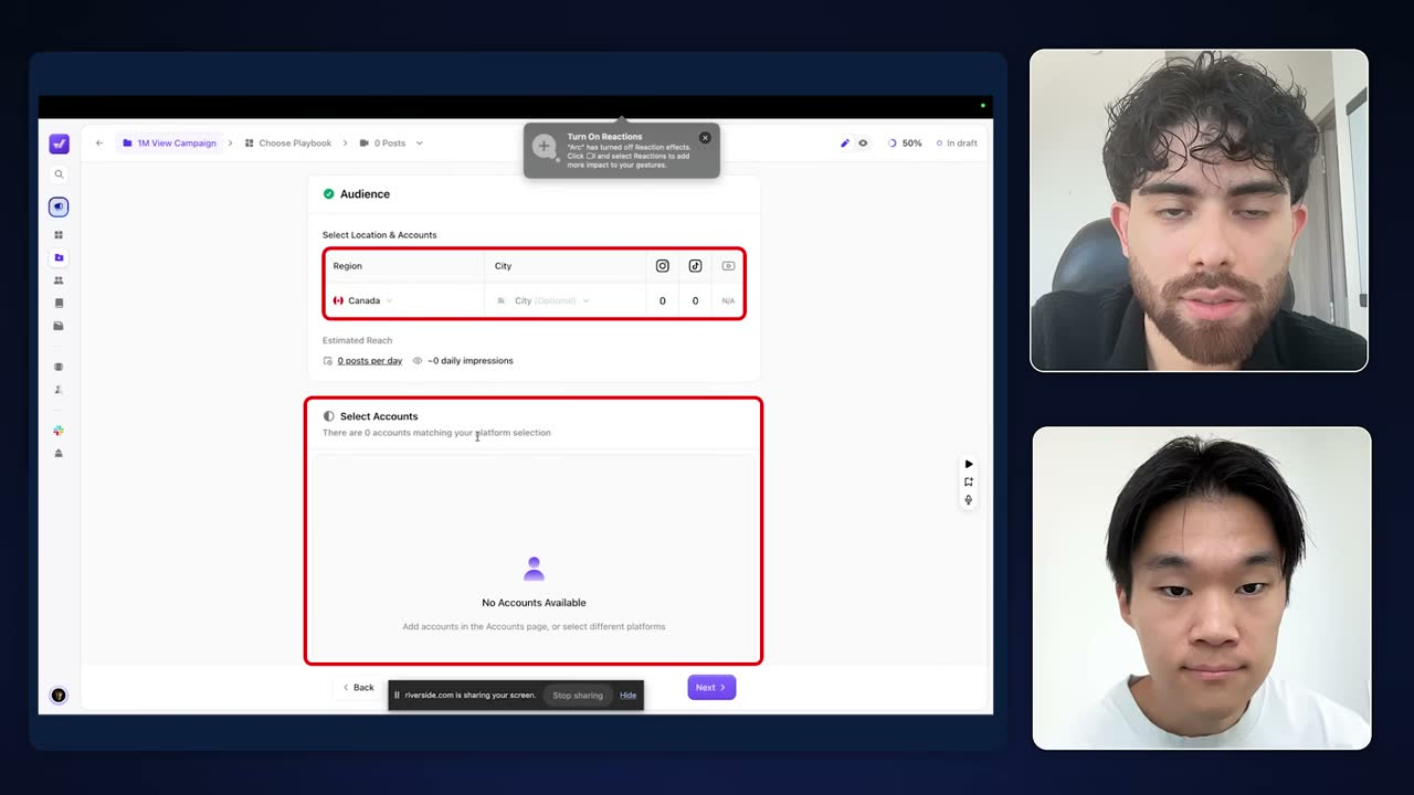 Campaign builder's audience step: selecting Canada shows zero accounts available, while US has 13.