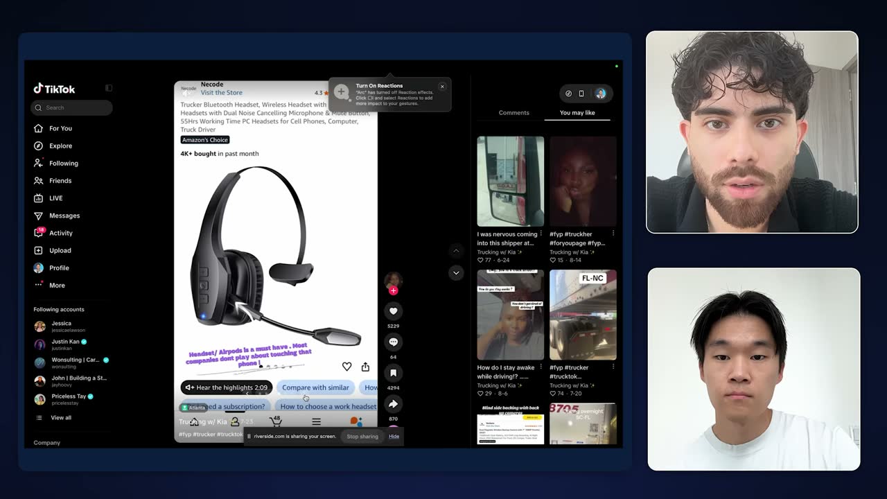 TikTok trucker slideshow slide promoting an Amazon Bluetooth headset, a cloned variation with 4K+ bought.