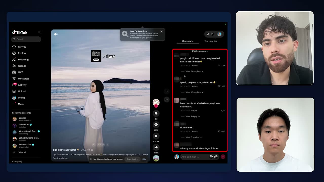 Competitor TikTok slideshow promoting Dazz Cam, with 2,780 comments highlighted as seeded mentions.