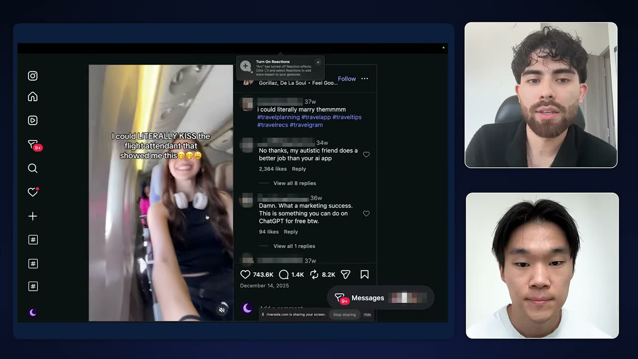 Rhyme's English travel-app Instagram reel with 743.6K likes, the original later relaunched in German.