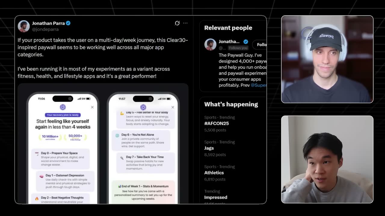 Jonathan Parra's tweet showing a Clear30-inspired paywall with a day-by-day recovery plan timeline.