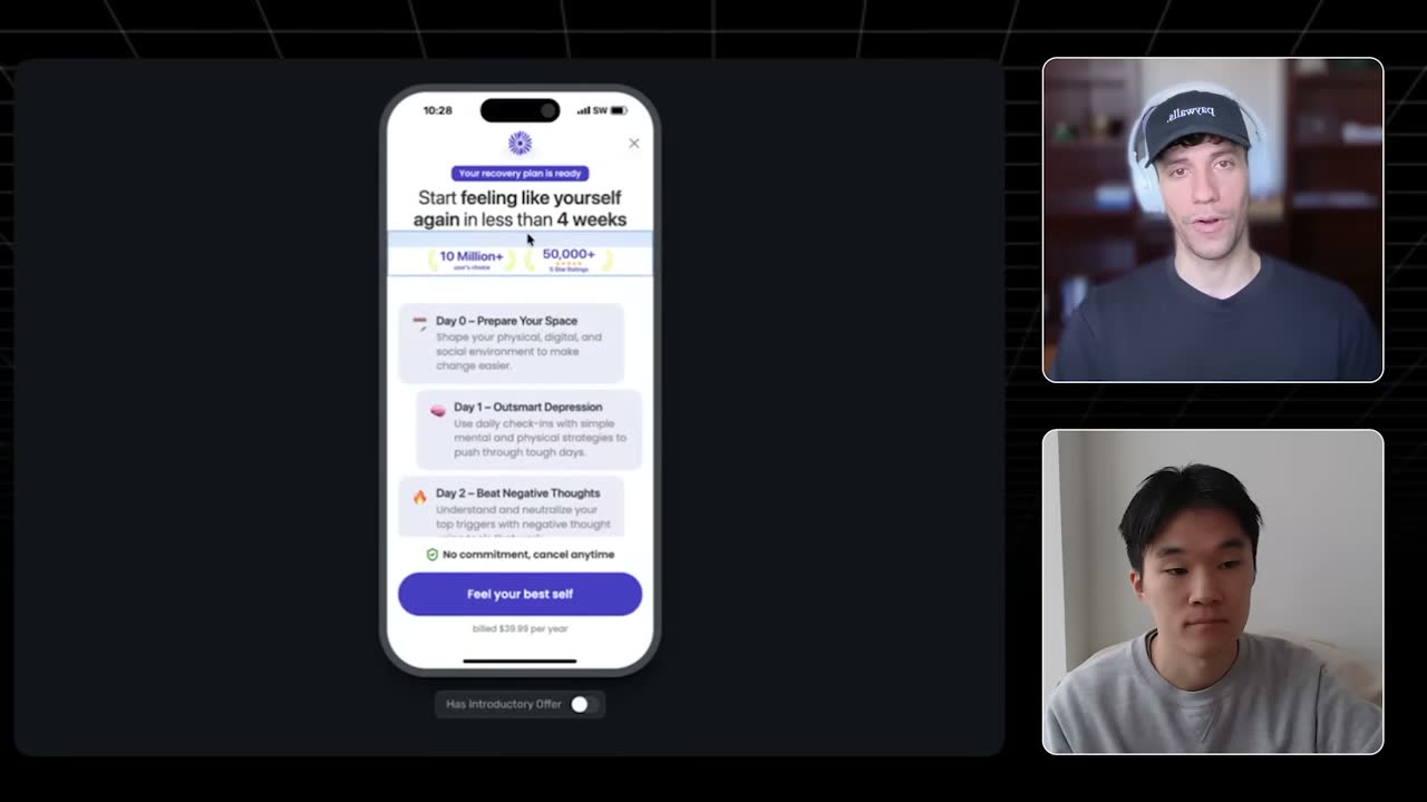 Recovery app paywall with day-by-day plan, "No commitment, cancel anytime" and $39.99/year billing.
