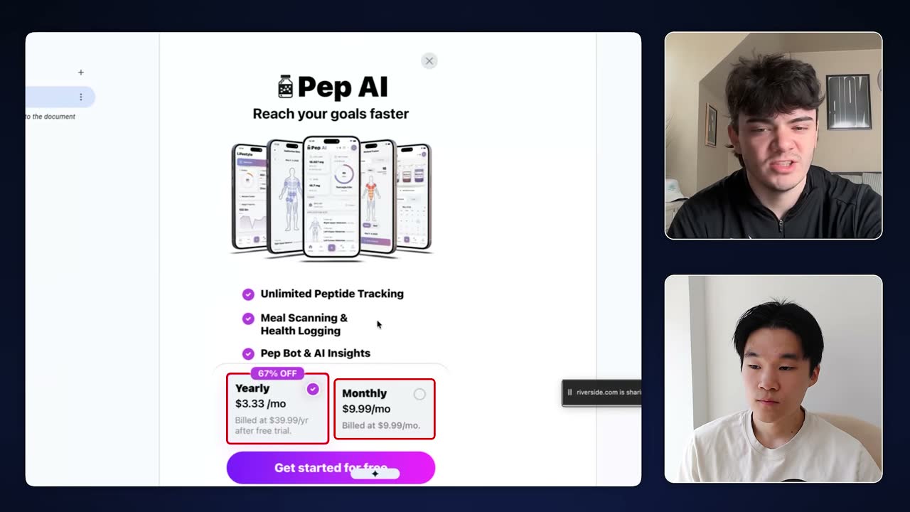 Pep AI paywall offering yearly at $3.33/mo ($39.99/yr, free trial) versus monthly at $9.99.