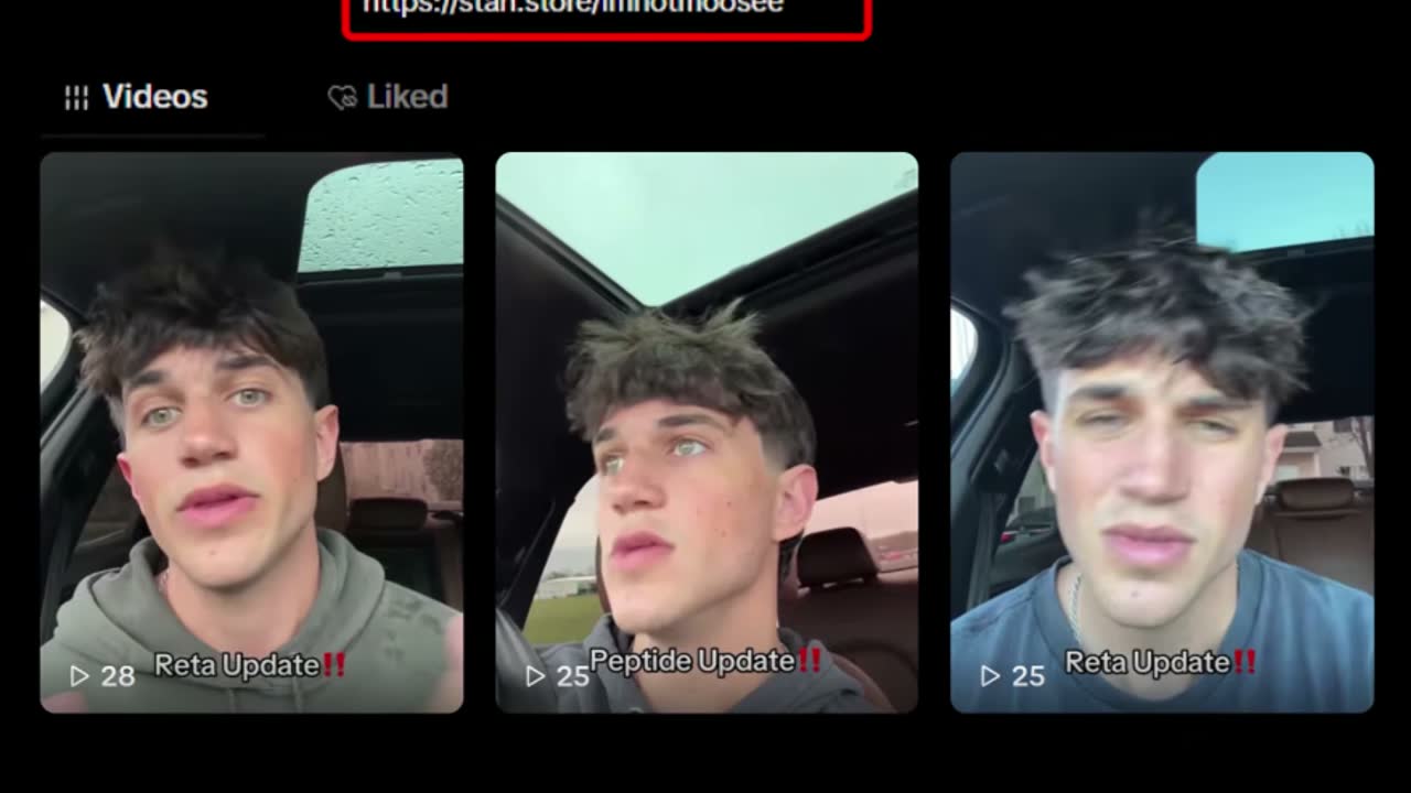 A peptide creator's TikTok profile, with a link in bio and 'Reta Update' and 'Peptide Update' videos.