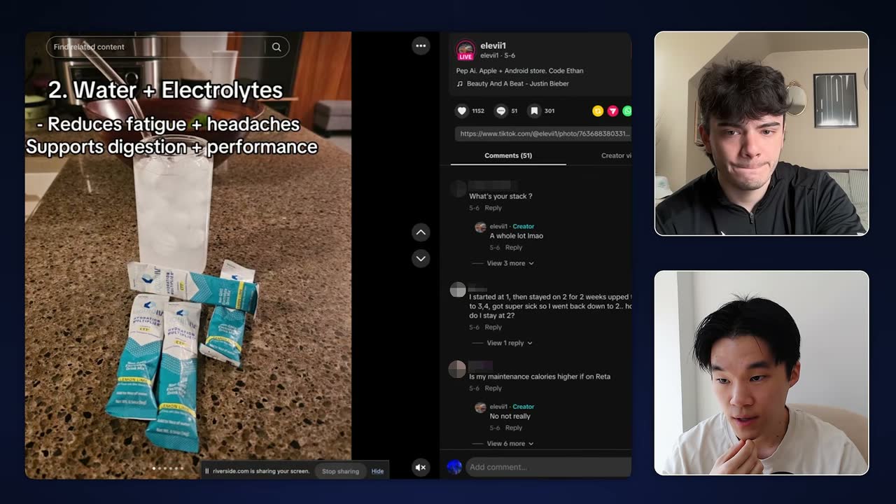 Ethan's TikTok slideshow slide 2, "Water + Electrolytes," with 1,152 likes and comments visible.