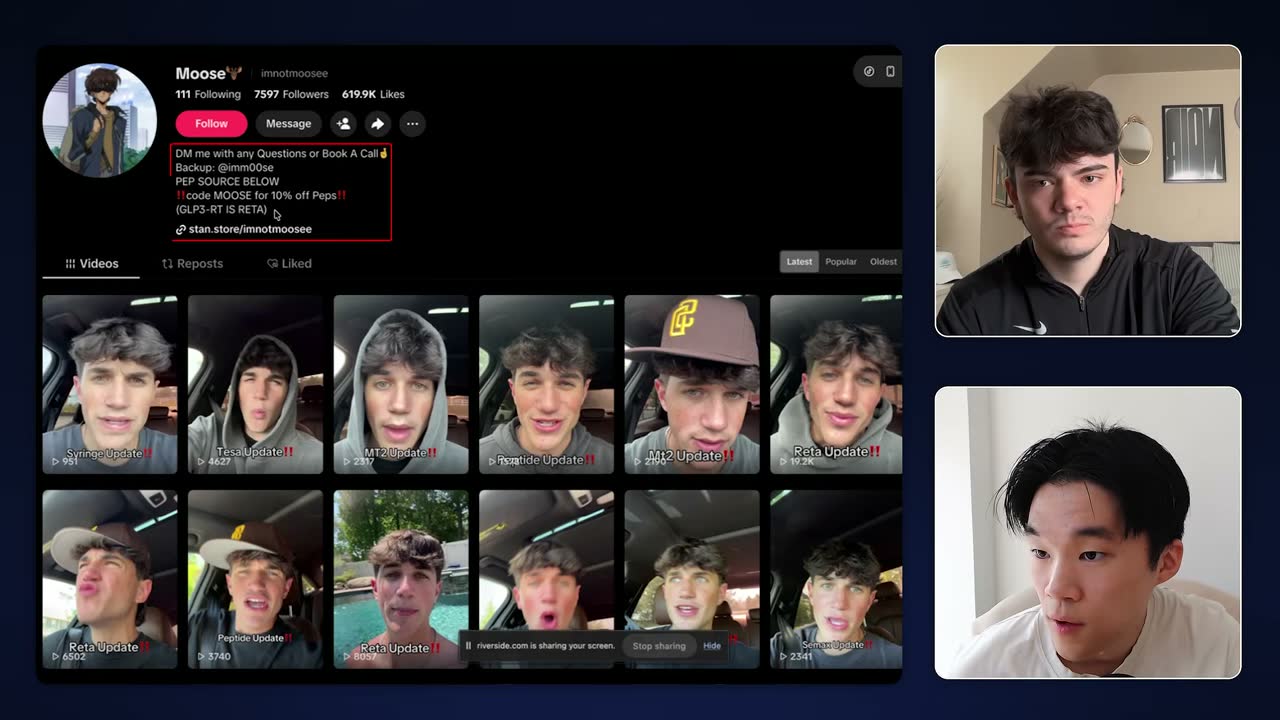 Creator Moose's TikTok profile, with bio promo code "MOOSE" and tracked stan.store/imnotmoosee link.