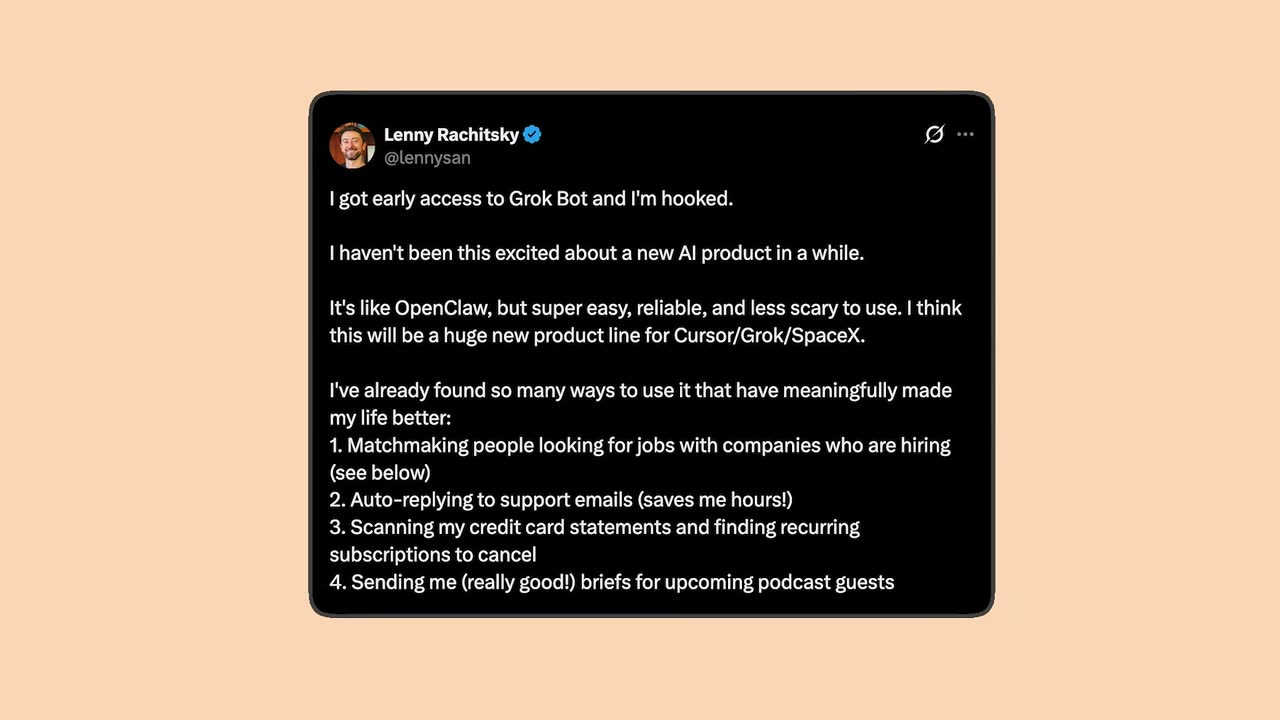 Lenny Rachitsky's tweet listing four Grok Bot uses, from job matchmaking to podcast guest briefs.